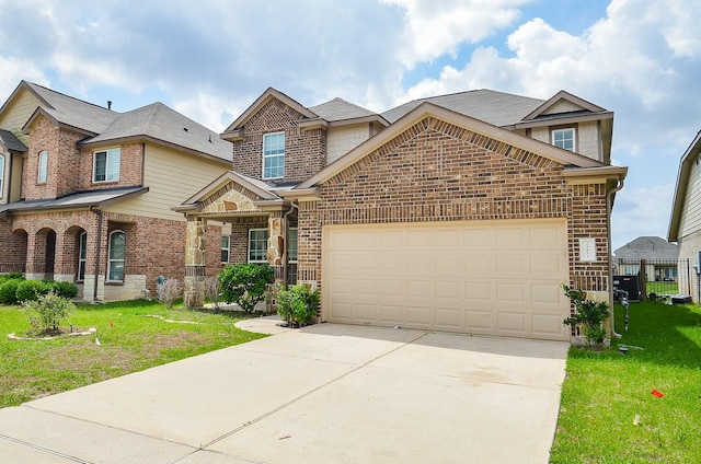 view of front of home featuring a garage, a front yard, roof with shingles, brick siding, and driveway