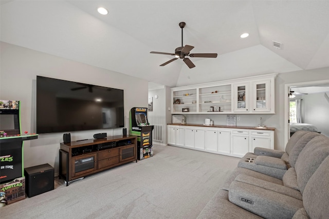 living room featuring ceiling fan, light carpet, recessed lighting, lofted ceiling, and visible vents