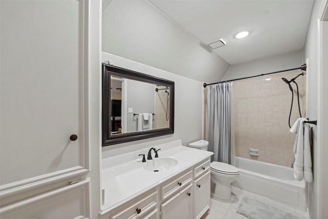 full bathroom with vanity, toilet, shower / bathtub combination with curtain, tile patterned floors, and vaulted ceiling