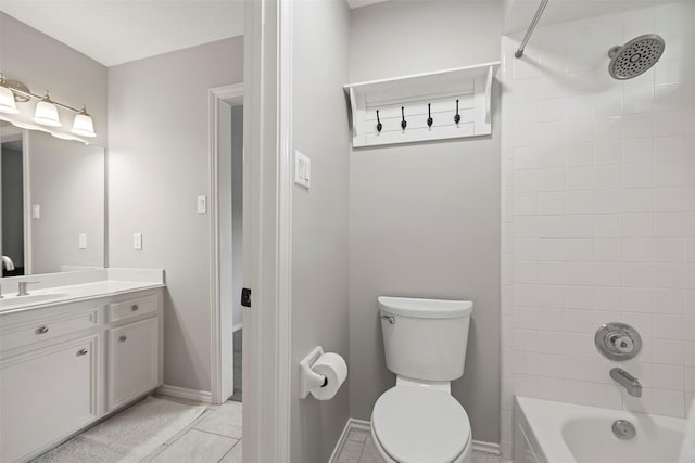 full bathroom with tile patterned flooring, shower / tub combination, vanity, baseboards, and toilet