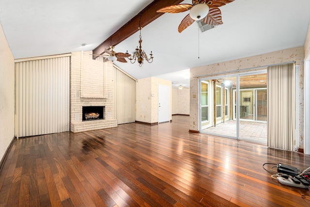 6103 Gallant Forest Dr, Houston, TX 77088 - unfurnished living room featuring visible vents, a fireplace, lofted ceiling with beams, ceiling fan with notable chandelier, and hardwood / wood-style floors