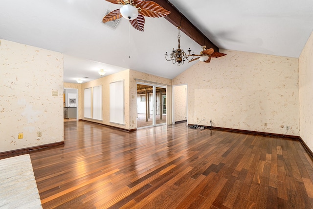 6103 Gallant Forest Dr, Houston, TX 77088 - empty room with baseboards, lofted ceiling with beams, ceiling fan with notable chandelier, and wood finished floors