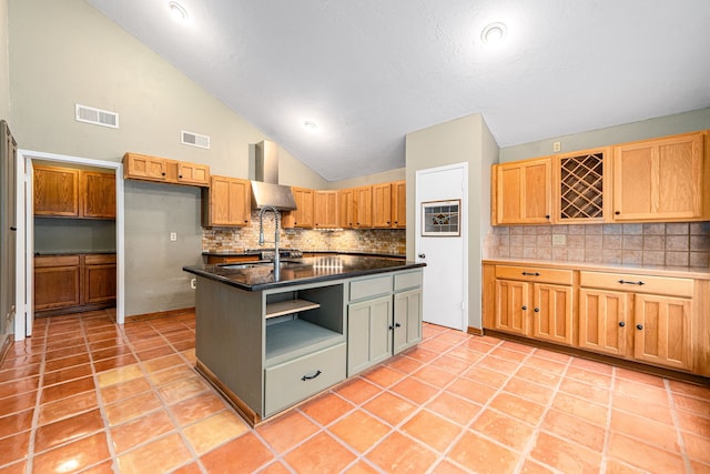 6103 Gallant Forest Dr, Houston, TX 77088 - kitchen with visible vents, decorative backsplash, open shelves, and dark countertops