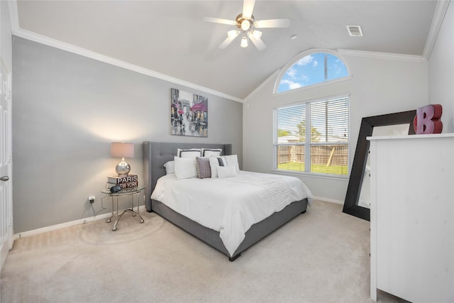 bedroom with vaulted ceiling, baseboards, carpet flooring, and visible vents