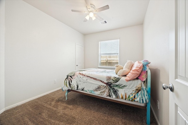 bedroom with baseboards, carpet, a ceiling fan, and visible vents