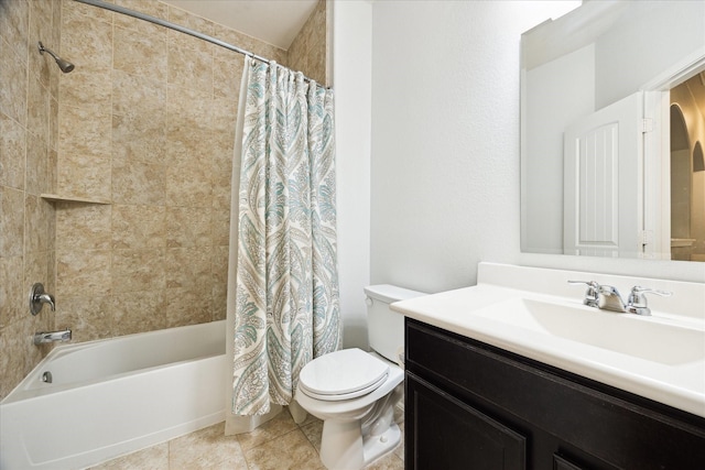 full bathroom with vanity, shower / tub combo with curtain, tile patterned floors, and toilet