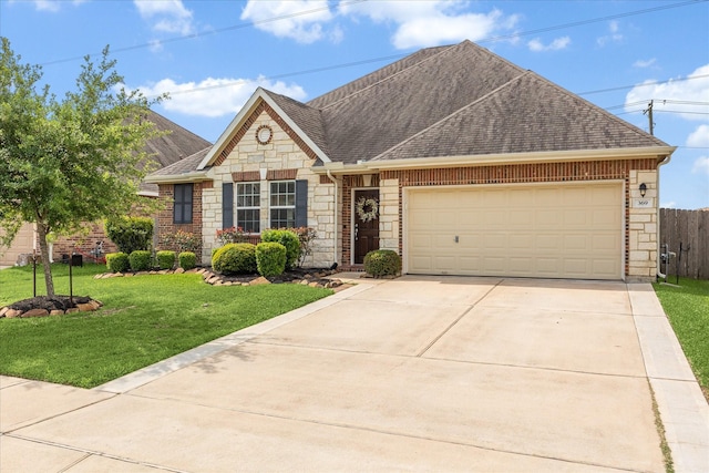 ranch-style house featuring an attached garage, a shingled roof, stone siding, a front yard, and driveway