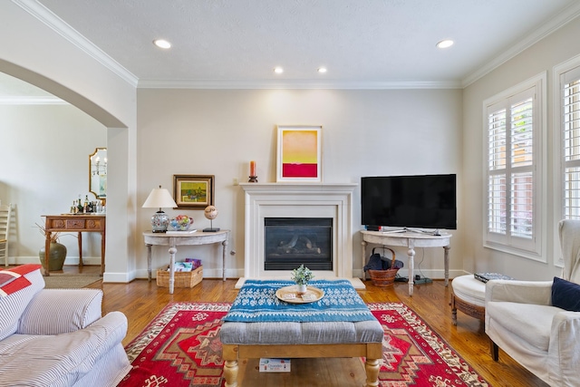 living room with recessed lighting, a glass covered fireplace, crown molding, and wood finished floors