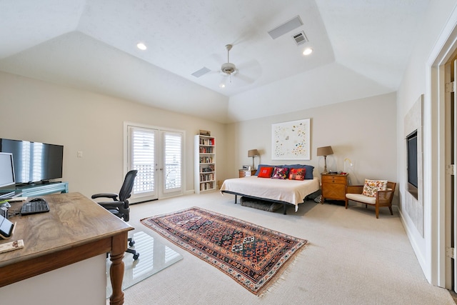 bedroom with ceiling fan, access to exterior, vaulted ceiling, carpet, and recessed lighting
