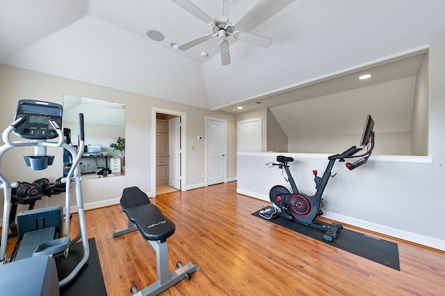 exercise room featuring ceiling fan, recessed lighting, baseboards, wood finished floors, and lofted ceiling