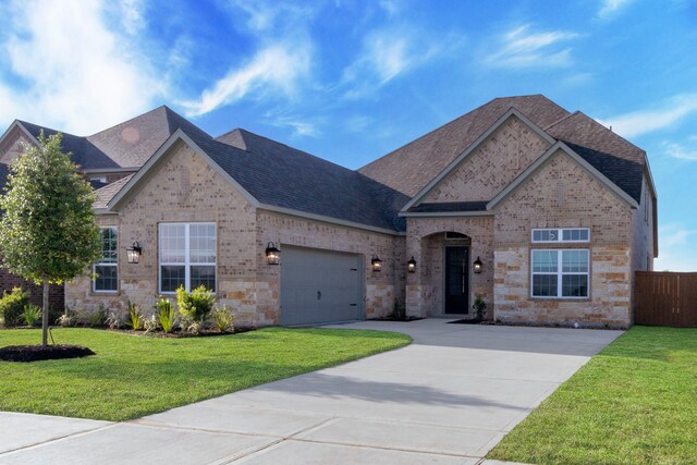 view of front of home with a front yard, roof with shingles, a garage, fence, and concrete driveway