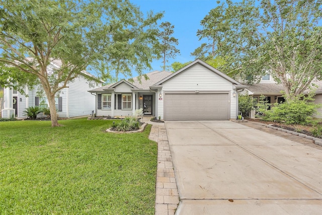 ranch-style home with concrete driveway, a front lawn, central air condition unit, and a garage