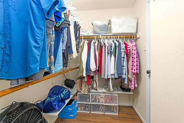 walk in closet with wood finished floors
