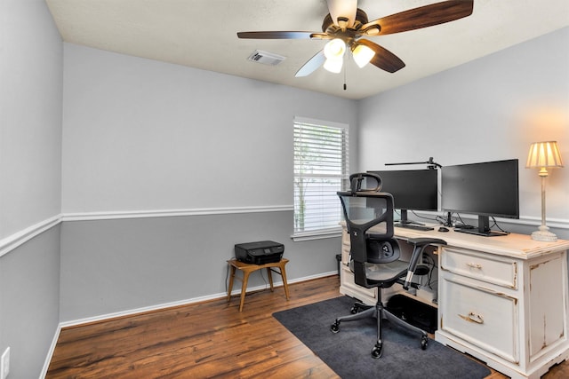 office area featuring visible vents, baseboards, ceiling fan, and wood finished floors