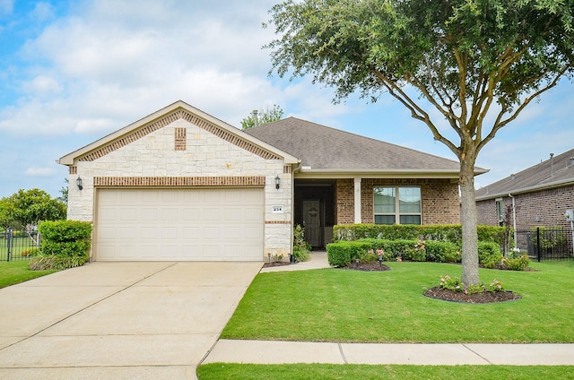 ranch-style house featuring a front yard, fence, an attached garage, concrete driveway, and stone siding