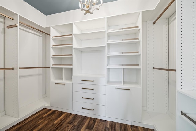 spacious closet featuring dark wood-style flooring and a notable chandelier