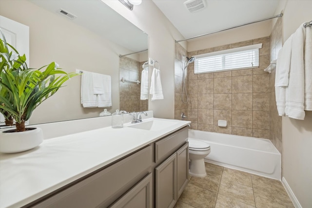 full bathroom with visible vents, shower / bathtub combination, toilet, and vanity