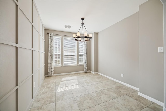 unfurnished dining area featuring an inviting chandelier, baseboards, light tile patterned flooring, and visible vents