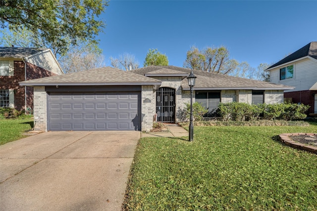 ranch-style house featuring a front lawn, roof with shingles, brick siding, an attached garage, and driveway