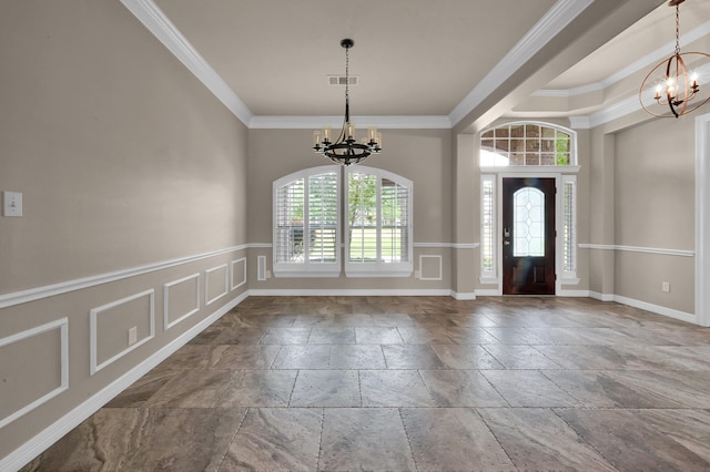 entrance foyer featuring crown molding, visible vents, stone tile flooring, and a chandelier