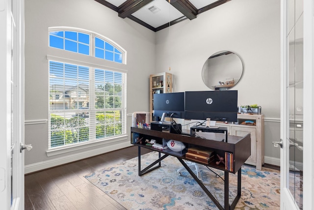 office area with french doors, visible vents, wood finished floors, baseboards, and beamed ceiling