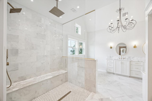 bathroom featuring marble finish floors, a chandelier, a walk in shower, recessed lighting, and a towering ceiling