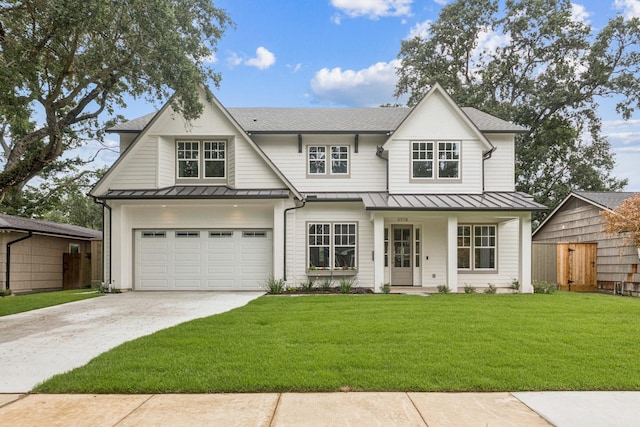5518 Schumacher Ln, Houston, TX 77056 - view of front of house with a standing seam roof, concrete driveway, covered porch, roof with shingles, and an attached garage