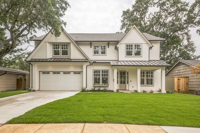 5518 Schumacher Ln, Houston, TX 77056 - view of front of property featuring a standing seam roof, concrete driveway, a shingled roof, a porch, and a garage