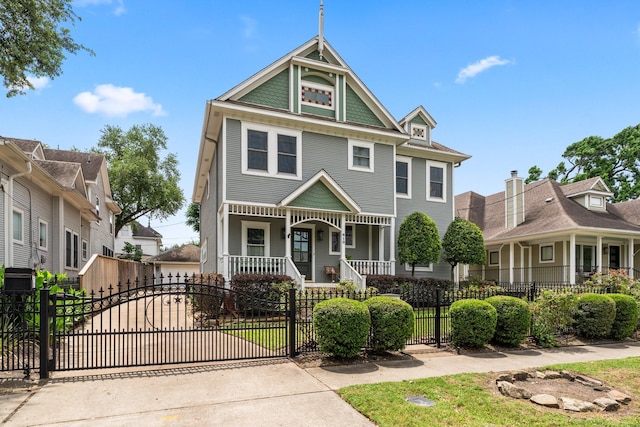 victorian-style house with a porch, a gate, and a fenced front yard