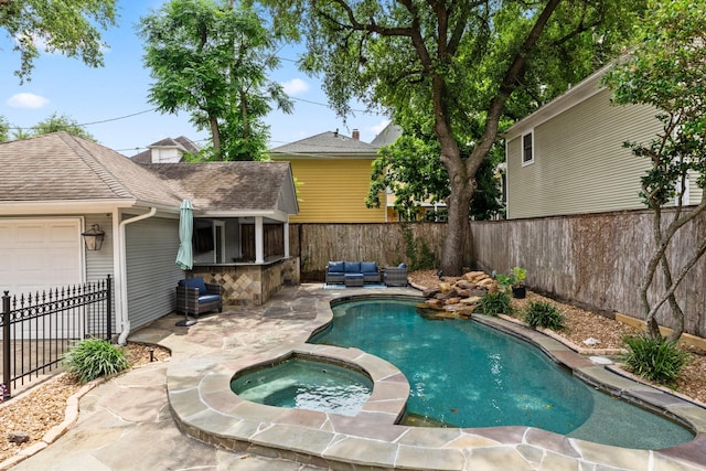 view of swimming pool with an in ground hot tub, an outdoor living space, a fenced in pool, a fenced backyard, and a patio