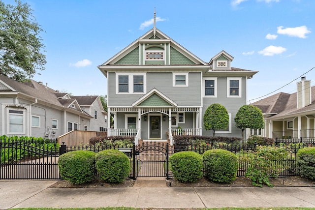 victorian house with a gate, covered porch, and a fenced front yard