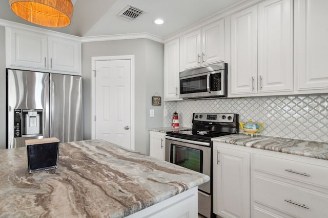 12858 Pelican Island Dr, Willis, TX 77318 - kitchen featuring decorative backsplash, visible vents, light stone counters, stainless steel appliances, and white cabinetry