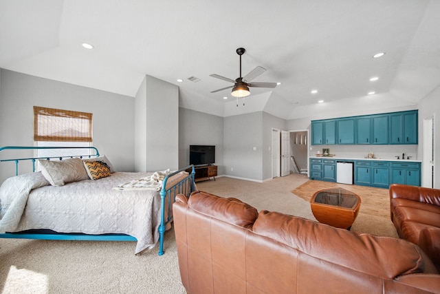 12858 Pelican Island Dr, Willis, TX 77318 - bedroom with light colored carpet, visible vents, recessed lighting, baseboards, and vaulted ceiling