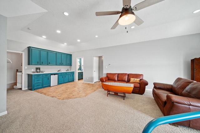 12858 Pelican Island Dr, Willis, TX 77318 - living room featuring recessed lighting, a ceiling fan, light colored carpet, and baseboards