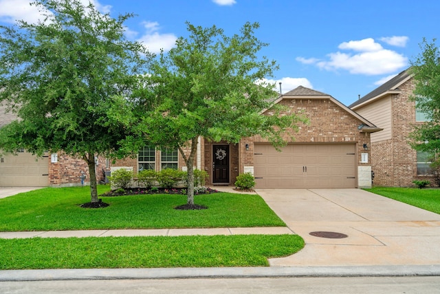 view of property hidden behind natural elements featuring concrete driveway, brick siding, an attached garage, and a front lawn