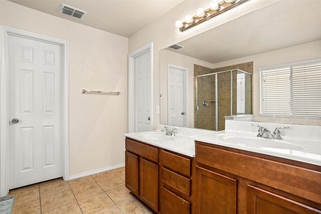 full bathroom with a sink, a shower stall, and visible vents