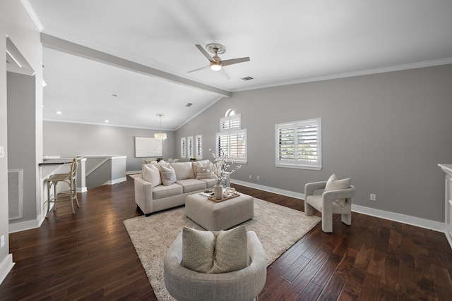 living area featuring visible vents, baseboards, dark wood-type flooring, vaulted ceiling with beams, and a ceiling fan