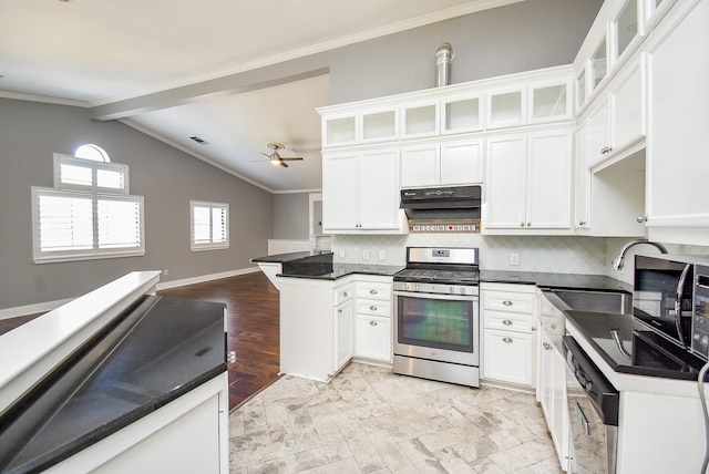 kitchen with stainless steel range with gas stovetop, decorative backsplash, white cabinetry, and dishwasher