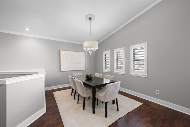 dining area with an inviting chandelier, baseboards, crown molding, and dark wood-type flooring