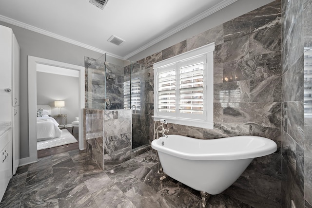 ensuite bathroom with ensuite bath, visible vents, ornamental molding, a soaking tub, and a stall shower