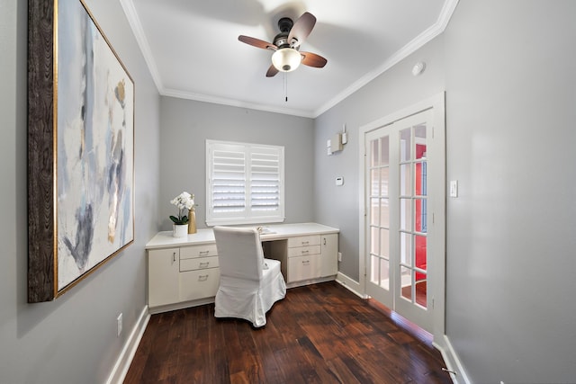 unfurnished office featuring baseboards, ceiling fan, ornamental molding, and dark wood-type flooring