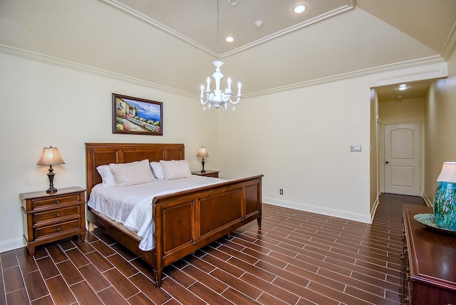 bedroom featuring crown molding, wood tiled floor, an inviting chandelier, and baseboards