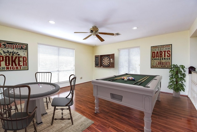 game room with recessed lighting, ceiling fan, visible vents, and dark wood-type flooring