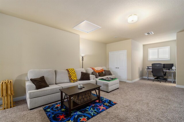 living room with carpet floors, baseboards, visible vents, and radiator heating unit