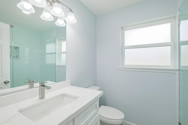 4314 Woodmont Dr, Houston, TX 77045 - bathroom featuring an inviting chandelier, a shower, toilet, and vanity