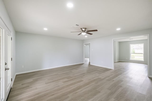 4314 Woodmont Dr, Houston, TX 77045 - unfurnished room with a ceiling fan, visible vents, baseboards, recessed lighting, and light wood-style flooring