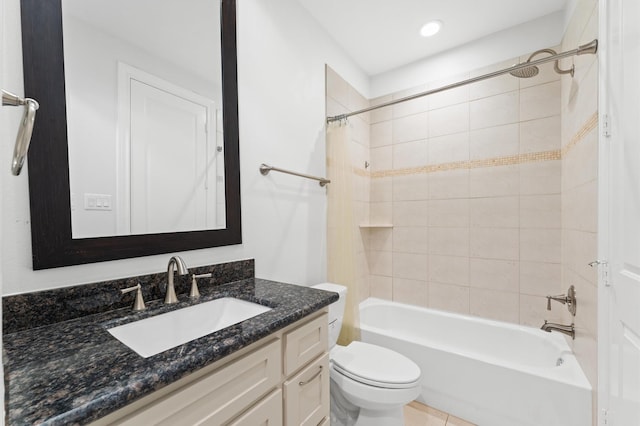 bathroom with toilet, recessed lighting, shower / bathtub combination with curtain, and vanity