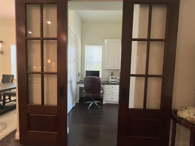 office area featuring dark wood-type flooring