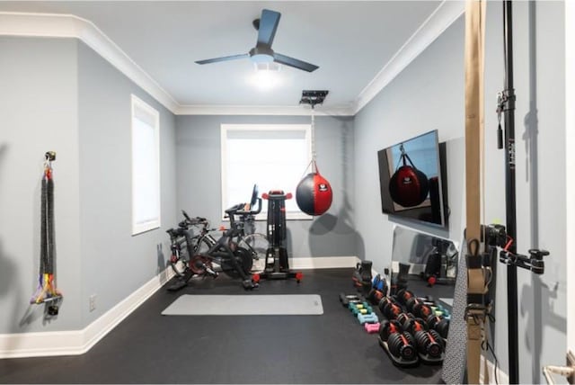 exercise room featuring baseboards, ceiling fan, and ornamental molding