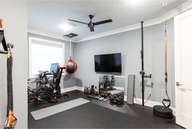 exercise area featuring baseboards, a ceiling fan, and ornamental molding